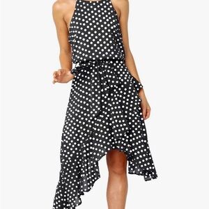 Polka-dot Tie Waist Irregular Cocktail Midi Dress Sleeveless Halter Neck